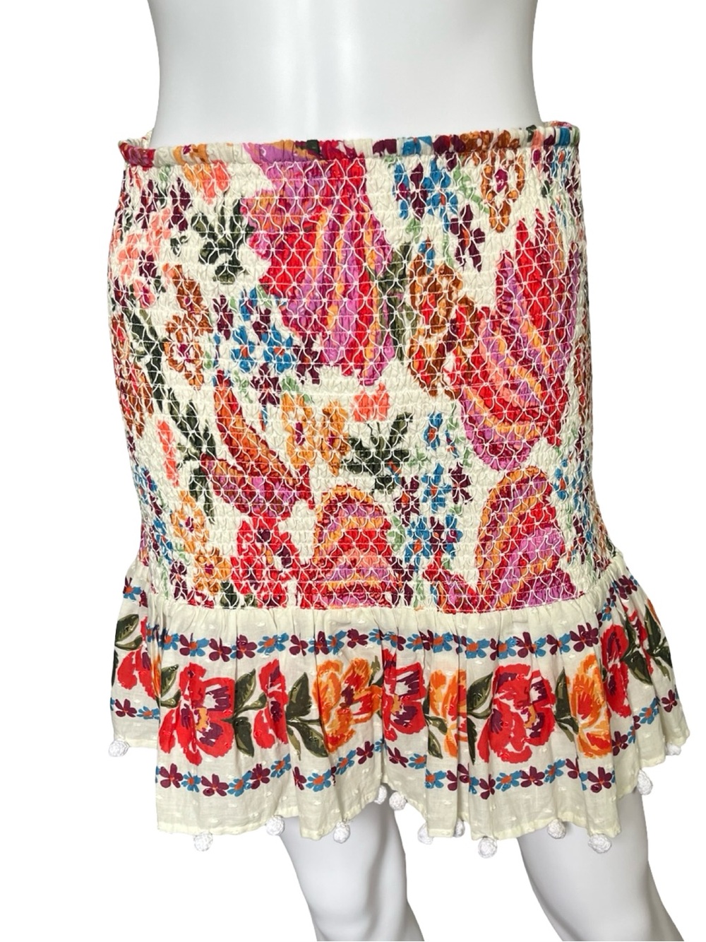 Farm Rio Spring Bananas Smocked Mini Skirt Pom Pom Trim Colorful Size Small